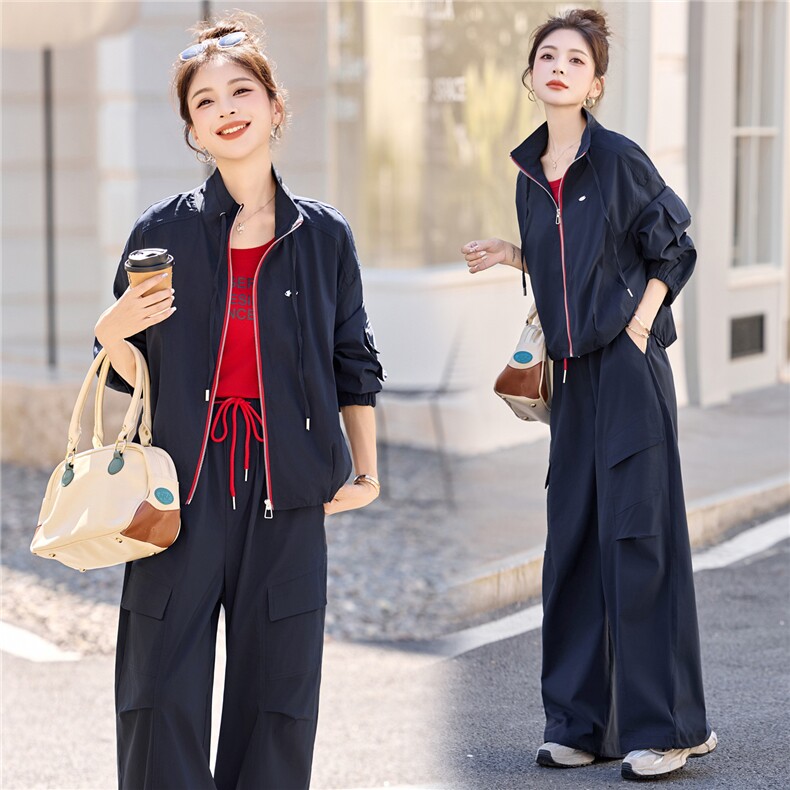 休闲撞色拼接工装套装女2025春秋新款干练时尚高级感阔腿裤三件套，女装套装/套裙，意芙