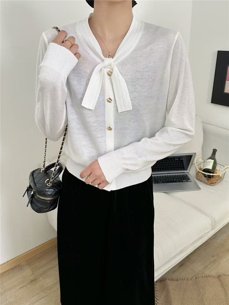 2025夏春秋新蝴蝶结系带针织开衫女V领单排扣毛衣外套精纺羊毛衫，女装针织衫/毛衣，臻纶羊绒