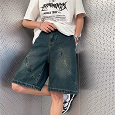 夏季高街拉链解构牛仔短裤男美式复古水洗宽松百搭痞帅五分裤男款，男装牛仔裤，星座601-2