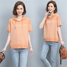 2023夏季新款简约时尚气质圆领休闲舒适连帽T恤，女装T恤，玛其路