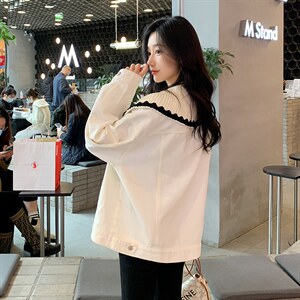 2022年春季牛仔外套女廓形简约荷叶边百搭气质夹克长袖纯色外套图片