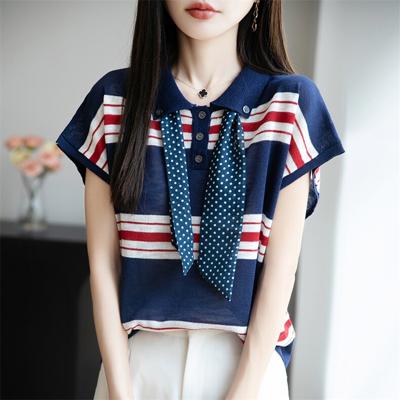 设计感Polo领纽扣丝巾条纹T恤女2025夏季款减龄百搭打底飞袖上衣,女装T恤,菲奥羊绒