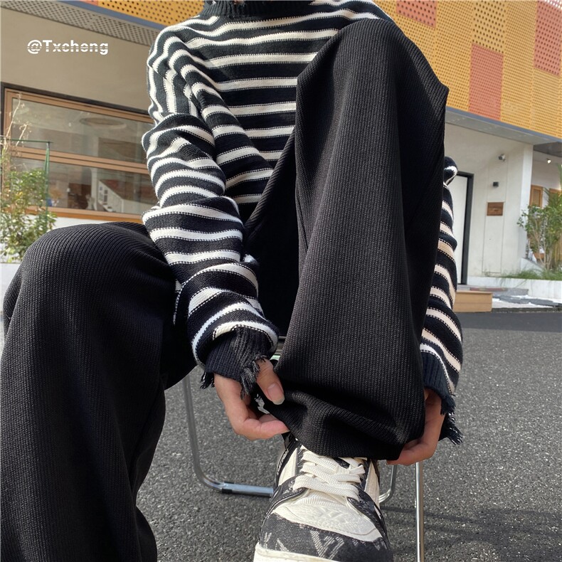 抖音品质港风新款飘带针织宽松直筒休闲裤B315-K23462-p55控68,男装休闲裤,电商B315