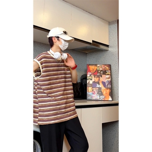 重工洗水撞色条纹毛边背心无袖T恤XB2333-P35控58图片