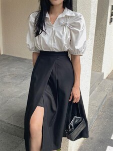 法式风情～百搭高级感半身裙+束褶设计衬衫图片