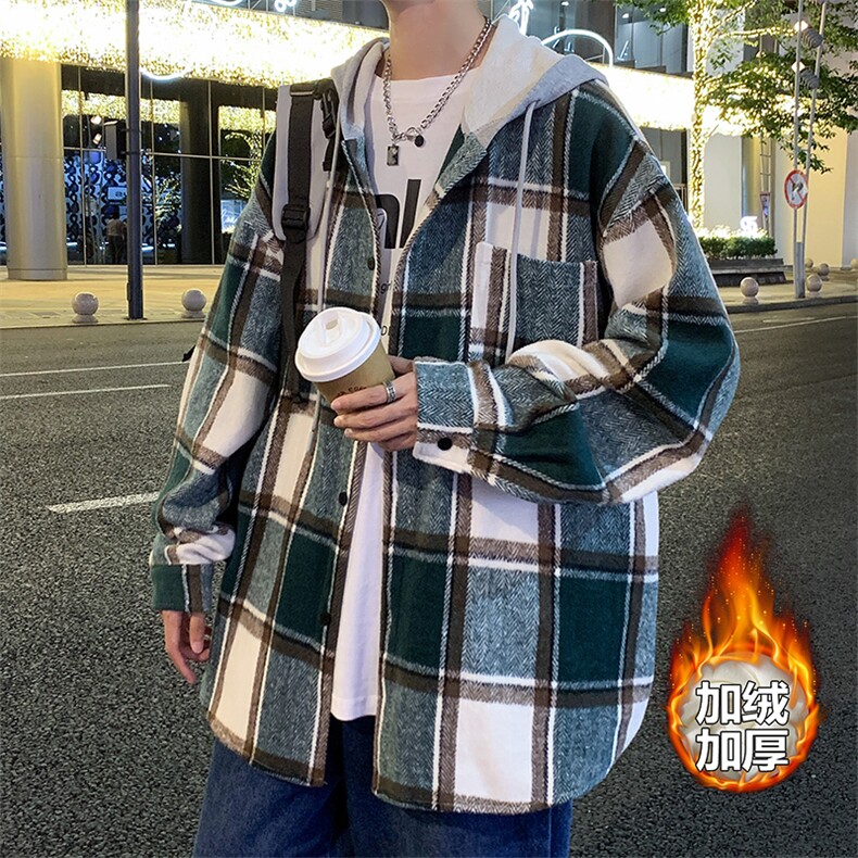 冬款呢料格子磨毛连帽衬衫男加绒加厚衬衣外套J25858J加绒-P60图片