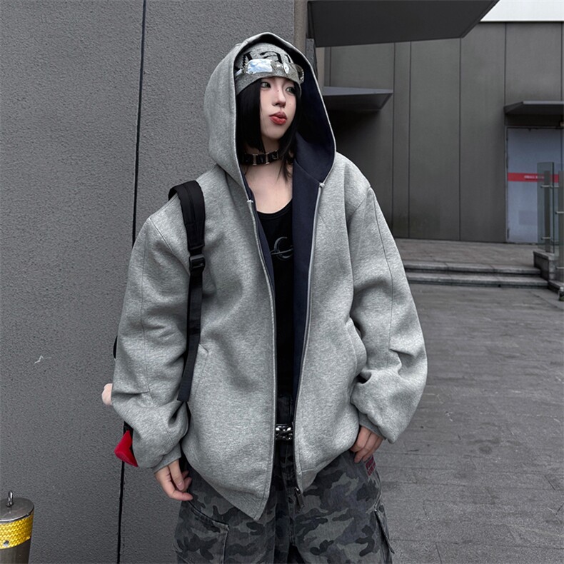 抖音得物高品质二开26春装美式重磅宽松结构双面连帽卫衣外套W68,女装短外套,电商A486