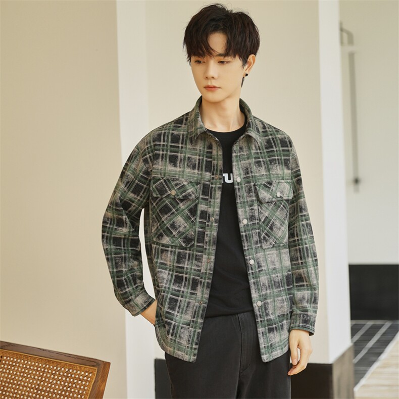 B3533319P105红秋季新款男士厚款格子衬衫夹克韩版外套男,男装夹克,电商B353