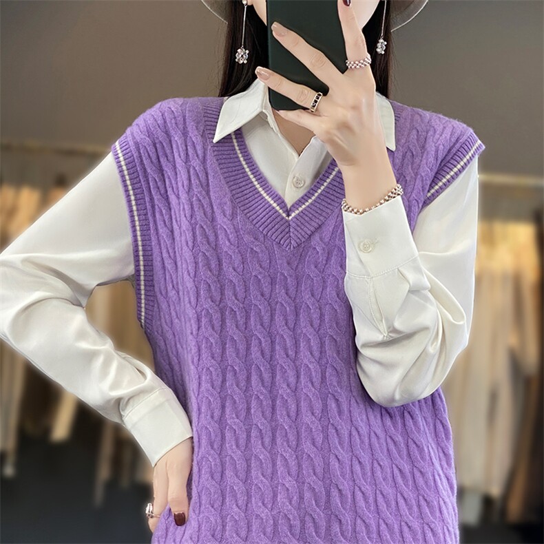 2023秋冬款V领麻花衫女无袖叠穿加厚宽松打底衫马甲上，女装马甲，蒙莲贝斯