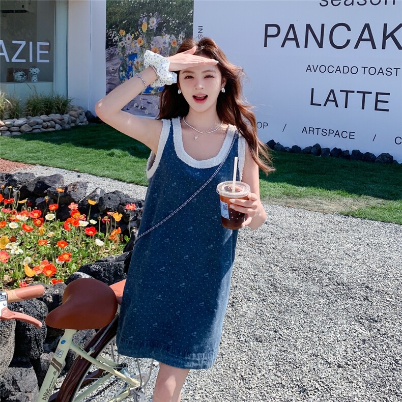 夏季新品！现货！牛仔拼接无袖连衣裙送配饰B208-9027-P125K178，女装连衣裙，浙宝208