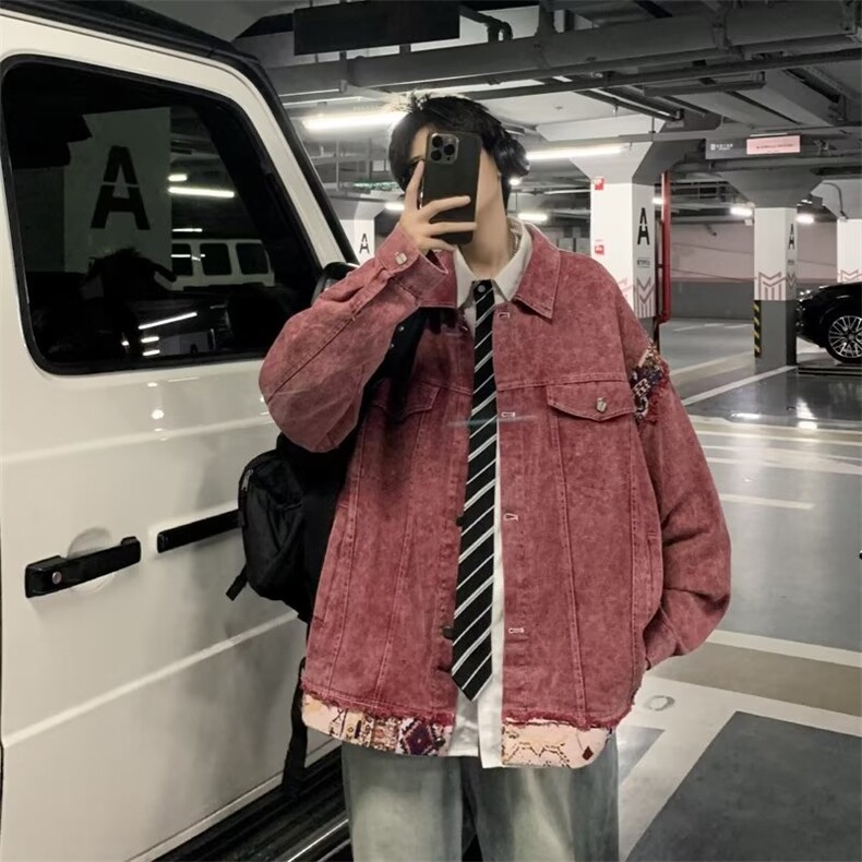 美式复古甜酷脏粉色水洗拼接牛仔外套男女古着情侣棒球服J2054,男装夹克,星座1116A-1（原606A）