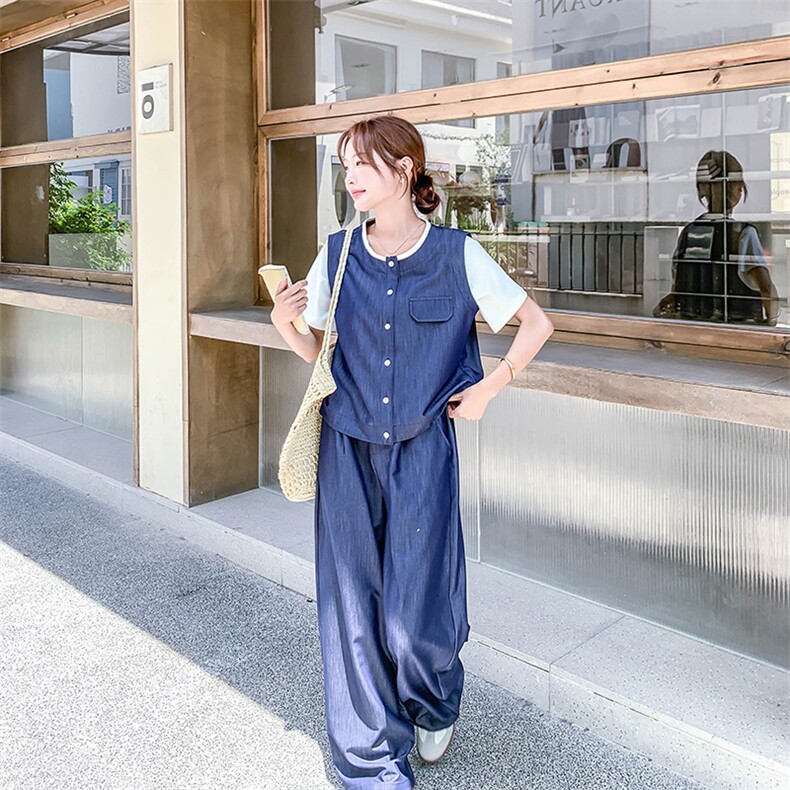 牛仔套装女2025夏季新款休闲气质穿搭宽松慵懒风时尚阔腿裤两件套,女装套装/套裙,2D080