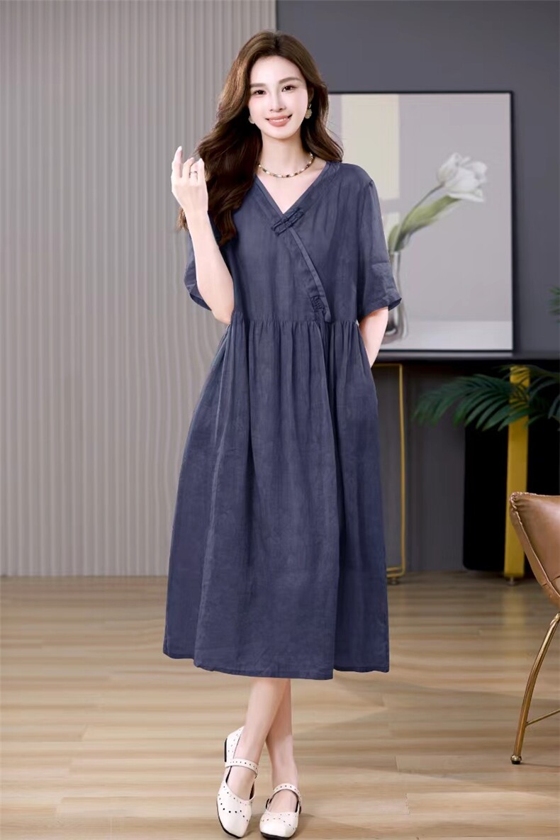 棉麻V领连衣裙女夏季长款2025新款盘扣国风休闲复古高端苎麻裙子,商品下架区,凝聚力