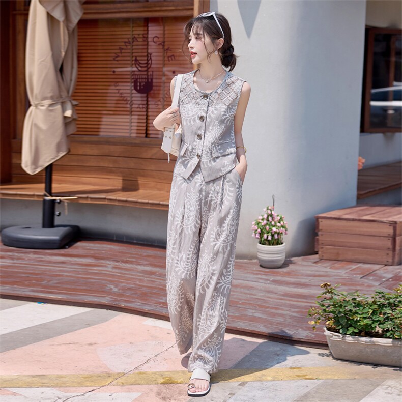 小香风套装女2025夏新款巨好看的松弛感老钱风亚麻无袖阔腿裤穿搭,女装套装/套裙,依路服饰