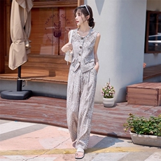 小香风套装女2025夏新款巨好看的松弛感老钱风亚麻无袖阔腿裤穿搭，女装套装/套裙，依路服饰