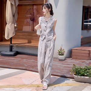 小香风套装女2025夏新款巨好看的松弛感老钱风亚麻无袖阔腿裤穿搭图片