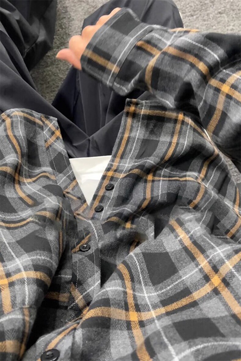 黑色格子衬衫高级感痞帅美式复古外套休闲衬衣CS005特P39,男装衬衫,星座908-1