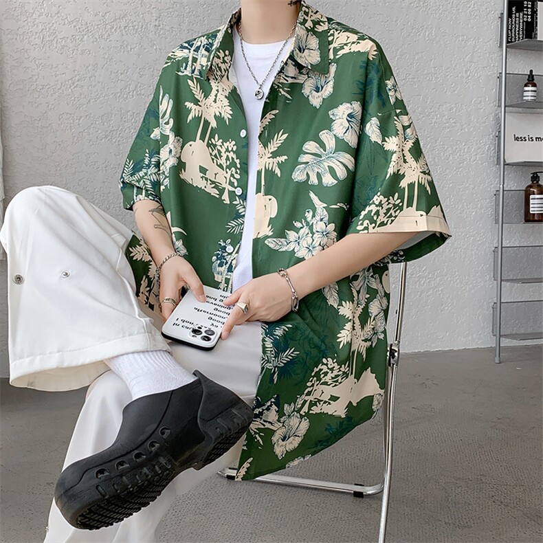 冰丝夏威夷碎花衬衫男大码沙滩花衬衣HC001-P45,男装衬衫,电商A040