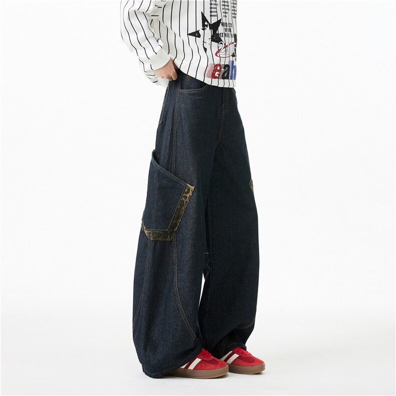 2025春季新款潮流弯刀豹纹拼接宽松牛仔裤B315-K889-p65控88,男装牛仔裤,电商B315