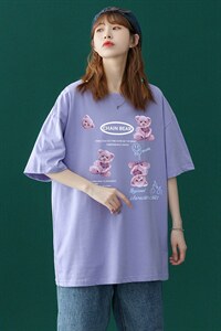 中性 夏季潮流韩版可爱毛绒小熊印花宽松情侣短袖T恤 T35P25控38图片