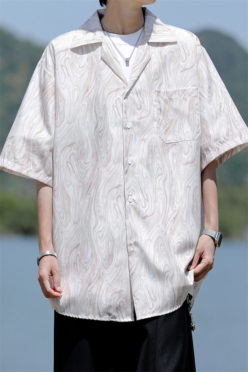 8XL-M冰丝古着感波浪纹短袖衬衫男宽松休闲沙滩古巴领衬衣CS528,男装衬衫,电商D206-1