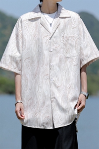 8XL-M 冰丝古着感波浪纹短袖衬衫男宽松休闲沙滩古巴领衬衣CS528图片