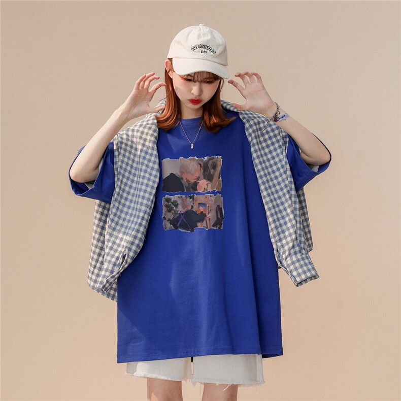 中性23夏季美式潮牌情侣文艺复兴油画小众慵懒风短袖T67P25控38,男装T恤,A247A