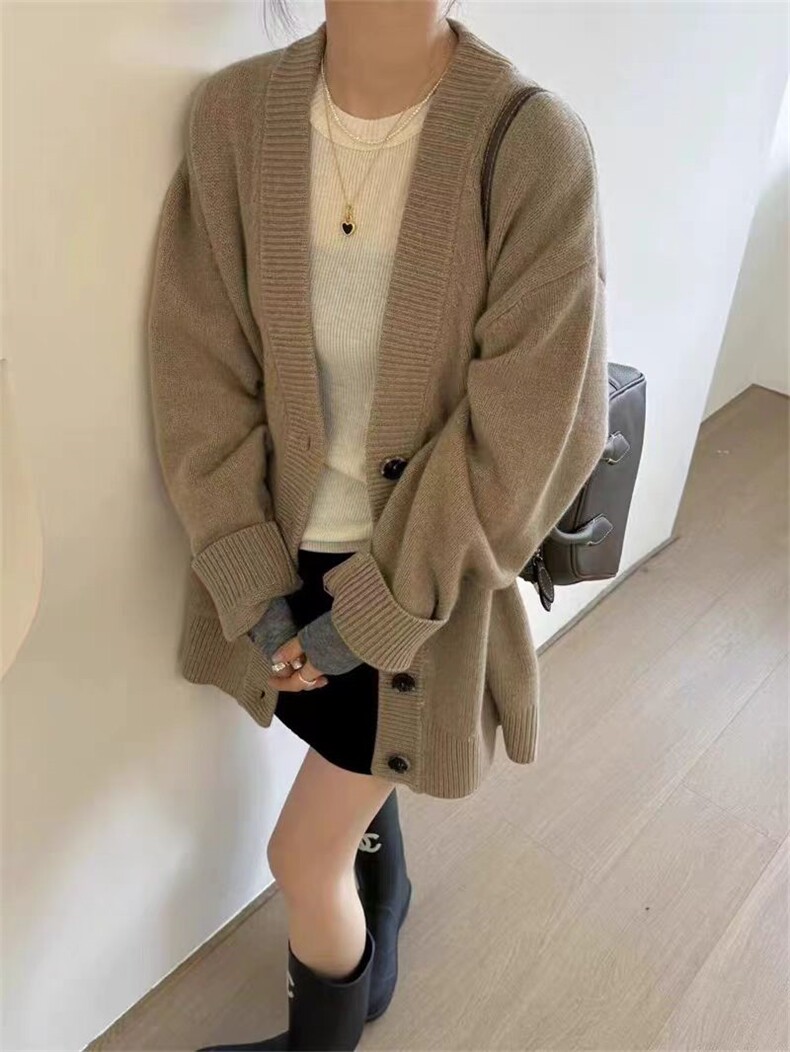 秋季新款舒适显瘦时尚百搭五扣无兜开衫外套,女装羊毛衫,恒恩羊绒