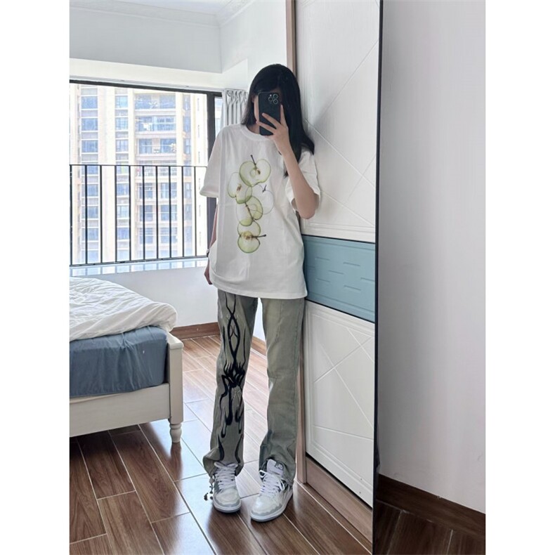 【有货】美式高街黄泥色牛仔裤男女直筒火焰残影裤子NZ05HH-特P58,男装牛仔裤,星座1007（原301D）