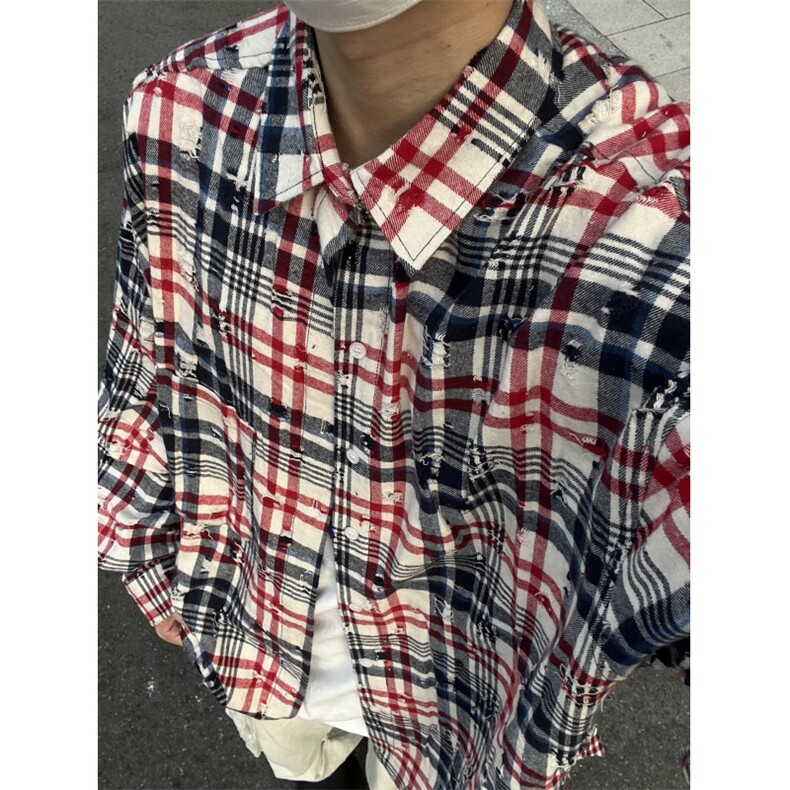 【有货】破坏感格子长袖衬衫男女设计感高级宽松外套B407CC-特P45,男装衬衫,星座1007（原301D）