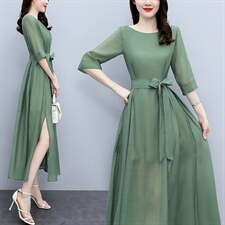 时尚天丝连衣裙女2025年夏季新款气质收腰高级感长款薄款法式裙子，女装连衣裙，关键词