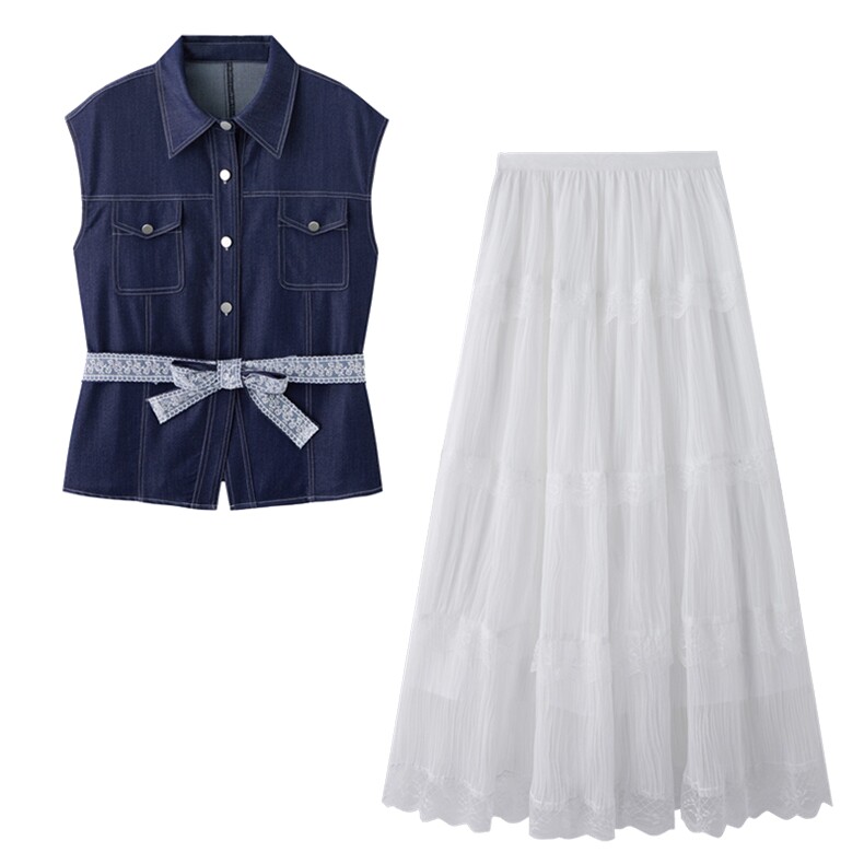 2025年夏季新款牛仔无袖外套半身裙套装两件套,女装套装/套裙,初闻兮