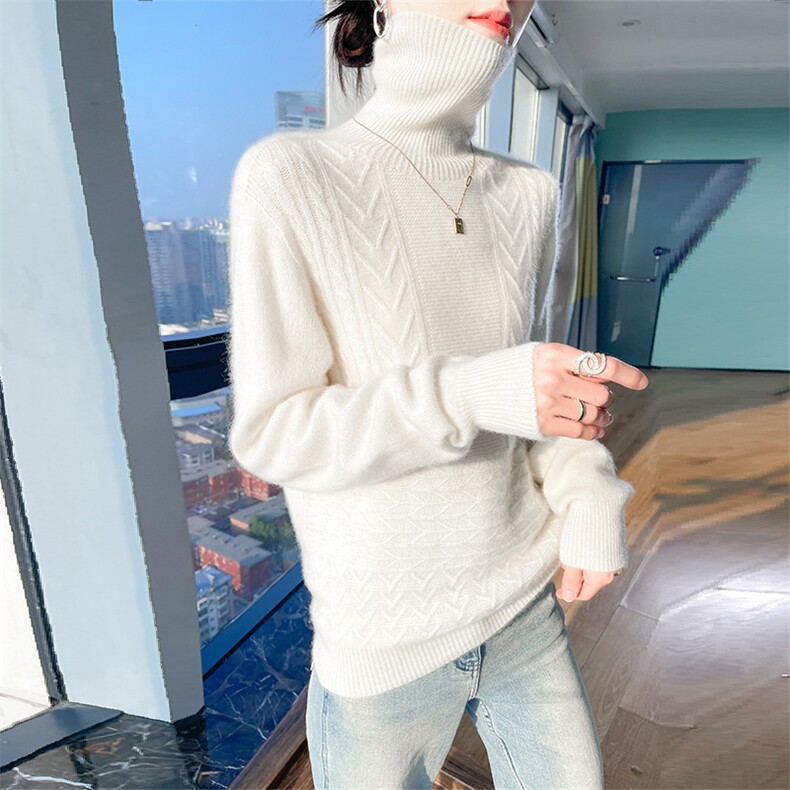 时尚百搭女士羊毛衫高领修身显瘦小八字花纹毛衣,女装羊毛衫,暮绒羊羊绒