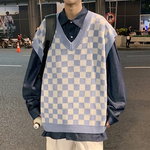 ！2023秋冬新款男士格子毛衣背心百搭潮流无袖针织衫MX02P60,男装背心/马甲,电商B220