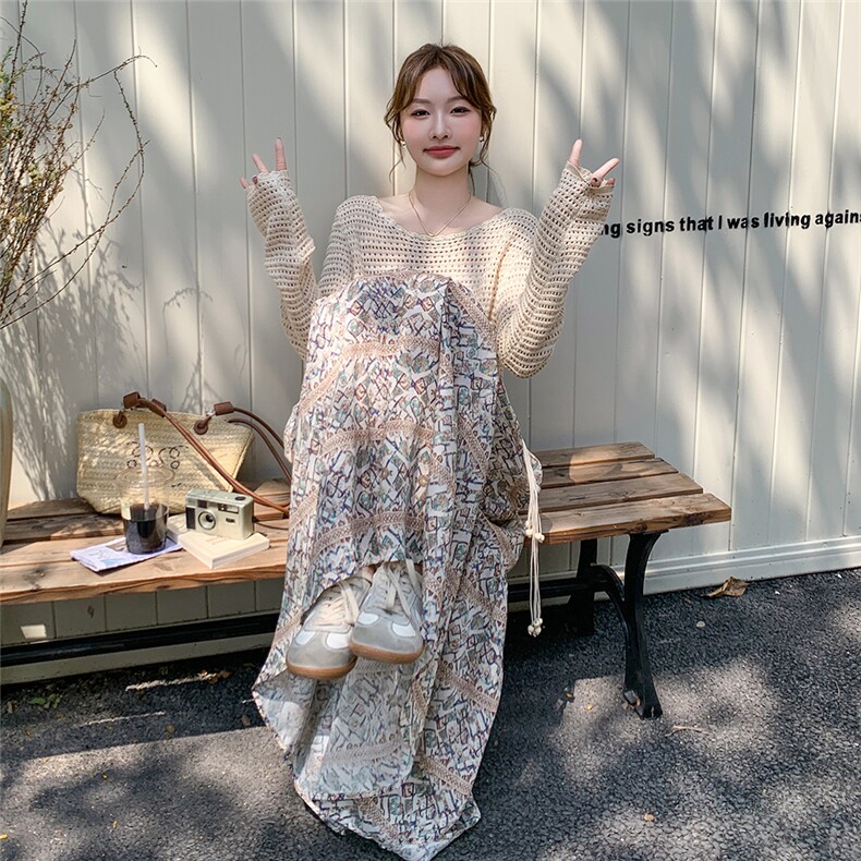 复古波西米亚风套装女2025春夏新款气质镂空罩衫印花半身裙两件套,女装套装/套裙,2C166