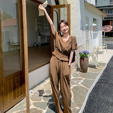 新款现货主推V领阔腿裤套装9828-P125-K178，女装套装/套裙，2C129