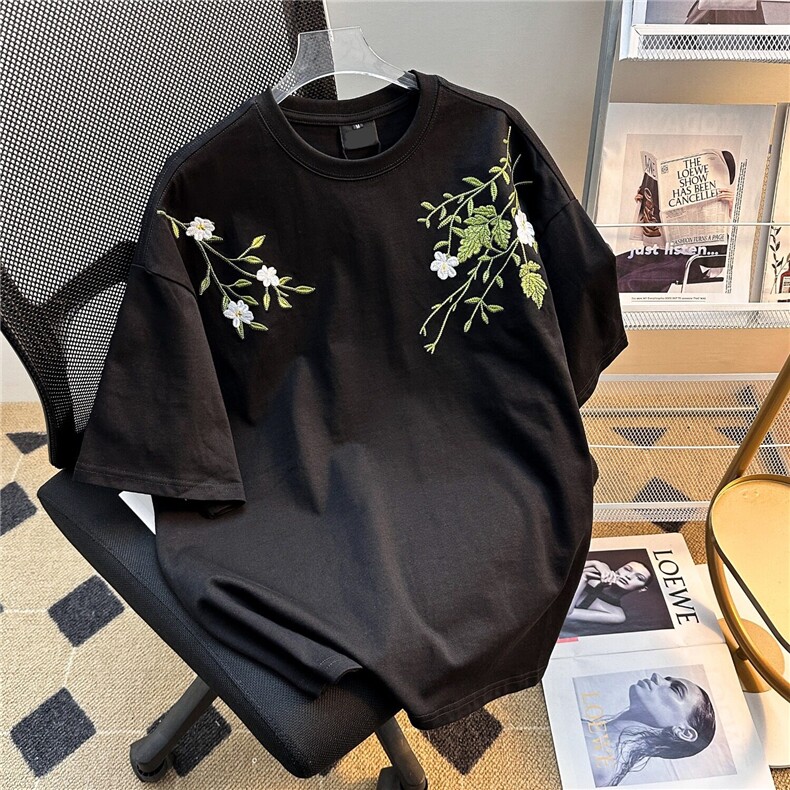 现货美式复古花卉刺绣短袖T恤男宽松休闲百搭半袖上衣T5803-p43,男装T恤,星座1008
