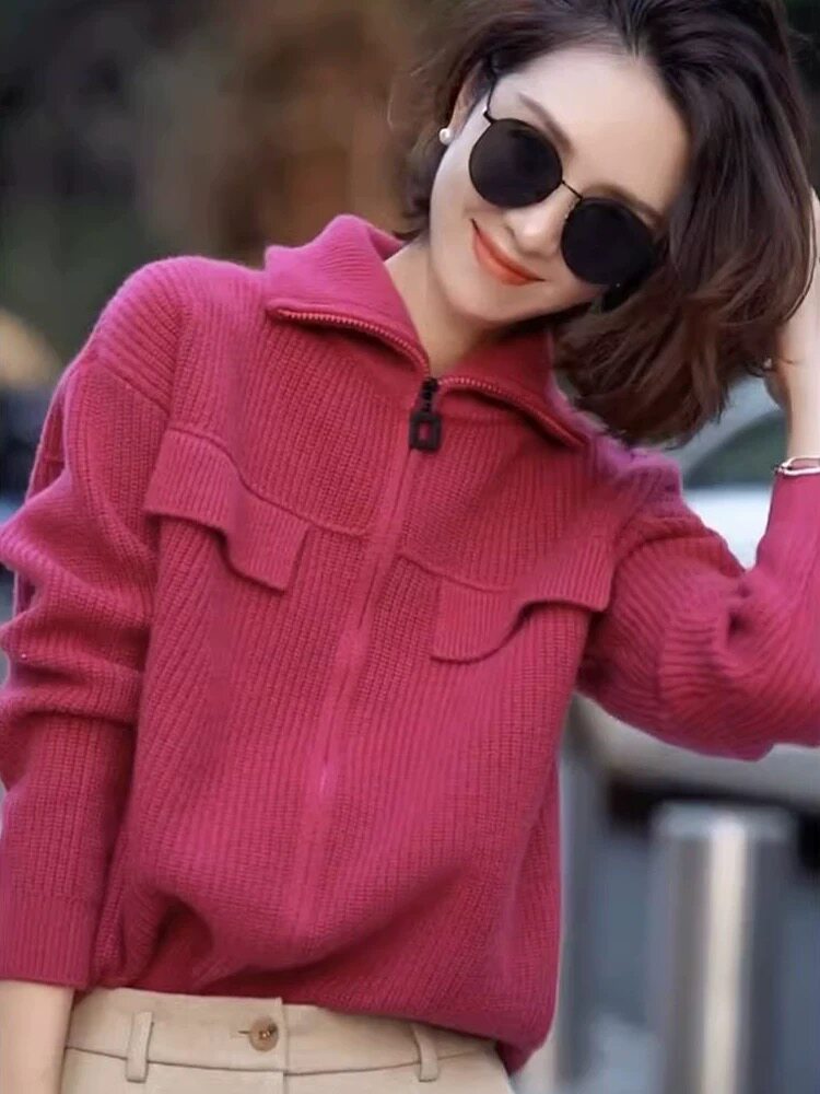时尚显瘦羊毛衫女秋冬新品简约百搭红色长袖毛衣,女装羊毛衫,恩泰羊绒