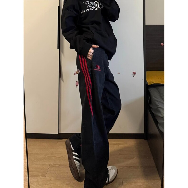 美式复古2025长裤男女秋冬潮牌休闲宽松牛仔裤百搭黑色刺绣微喇裤,男装牛仔裤,星座506A