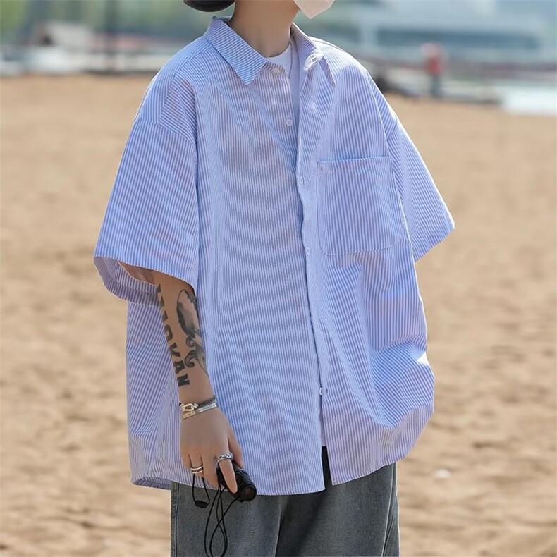条纹短袖衬衫男夏季新款潮流美式情侣宽松休闲衬衣外套C2018-P30,男装衬衫,星座1008
