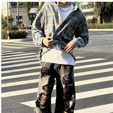 美式复古街头休闲百搭宽松格纹毛边长袖格子衬衫男衬衣外套潮牌，男装衬衫，星座506A
