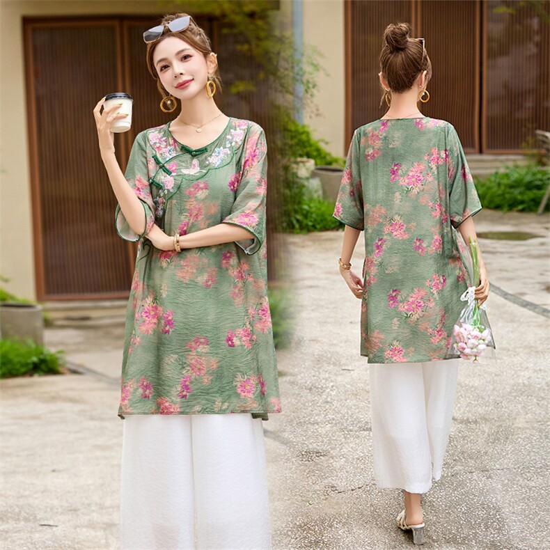 新中式国风印花棉麻套装女2025夏季新款时尚减龄休闲阔腿裤两件套，女装套装/套裙，魅影