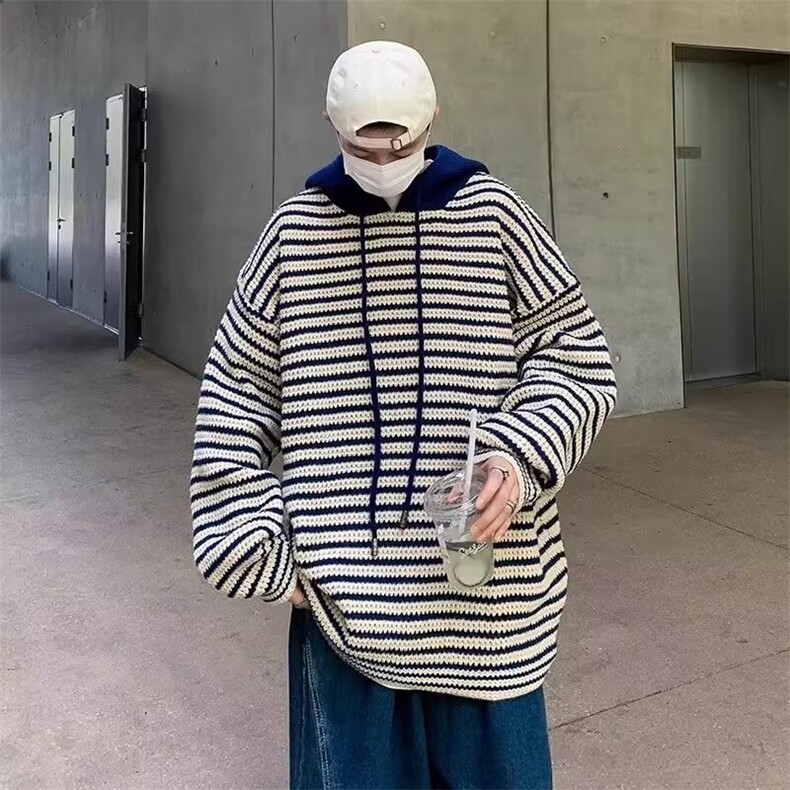 1506/QA7510/P45日系拼接条纹连帽针织冬季设计感宽松韩系毛衣潮,男装针织衫/毛衣,星座1506