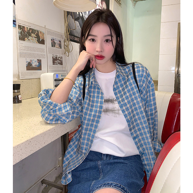 TC675-p45撞色日系格纹衬衫女早秋复古宽松休闲长袖外套,女装衬衫,星座617A-2