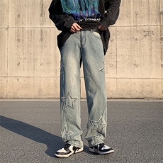 春季五角星牛仔裤男美式潮牌高街裤子直筒宽松阔腿裤N0142-P45，男装牛仔裤，星座308B-1