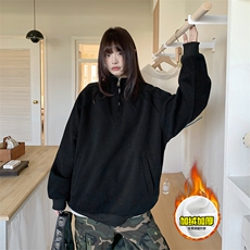 480G重磅加绒硬挺boxy男女秋冬美式高街结构半拉链立领卫衣厚外套，女装短外套，电商A486