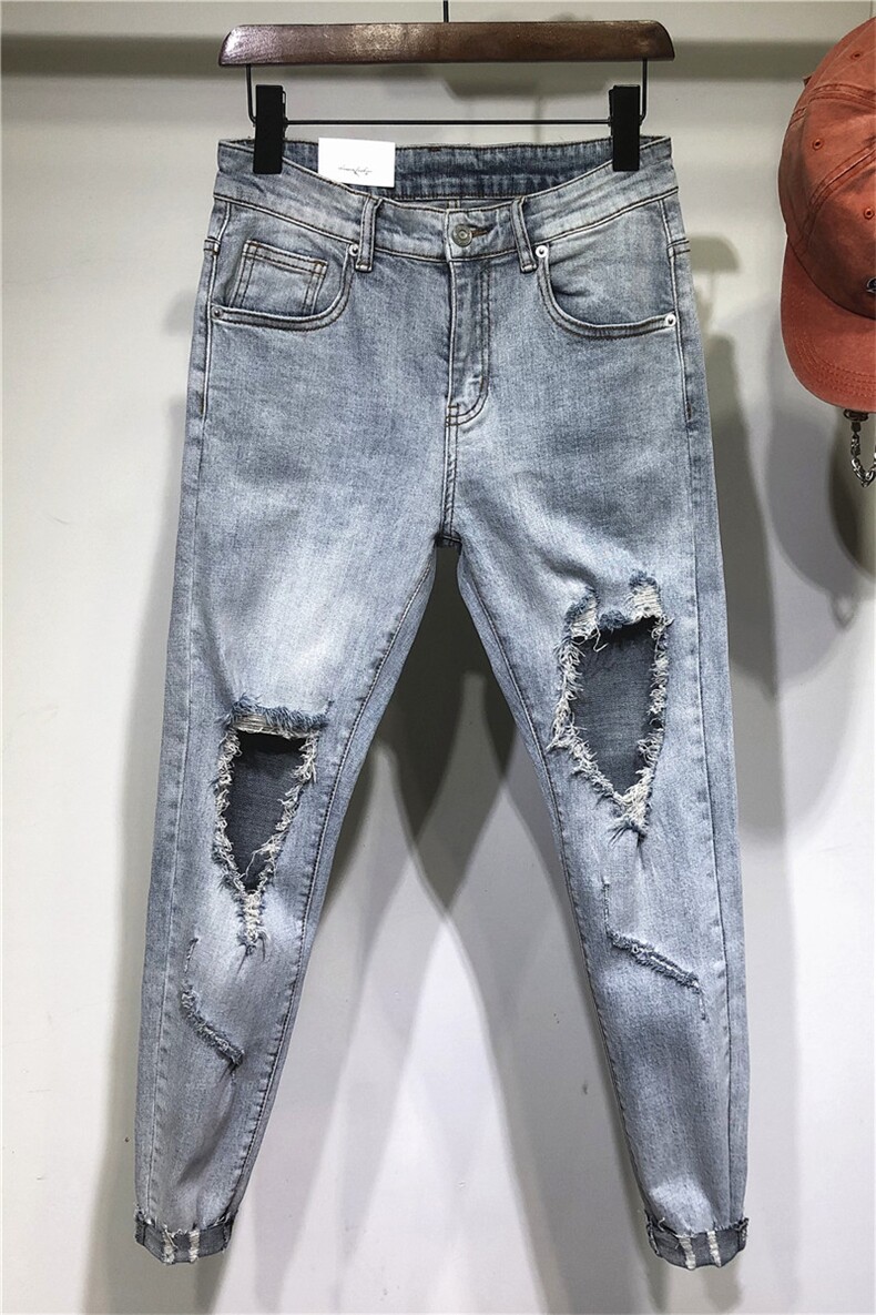 秋季新品高街复古大破洞弹力修身小脚切边牛仔裤1130-P85长期款,男装牛仔裤,电商B230