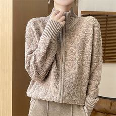 秋冬新款菱格毛巾绣开衫时尚百搭慵懒风，女装针织衫/毛衣，优麦羊绒（原洪叶羊绒）