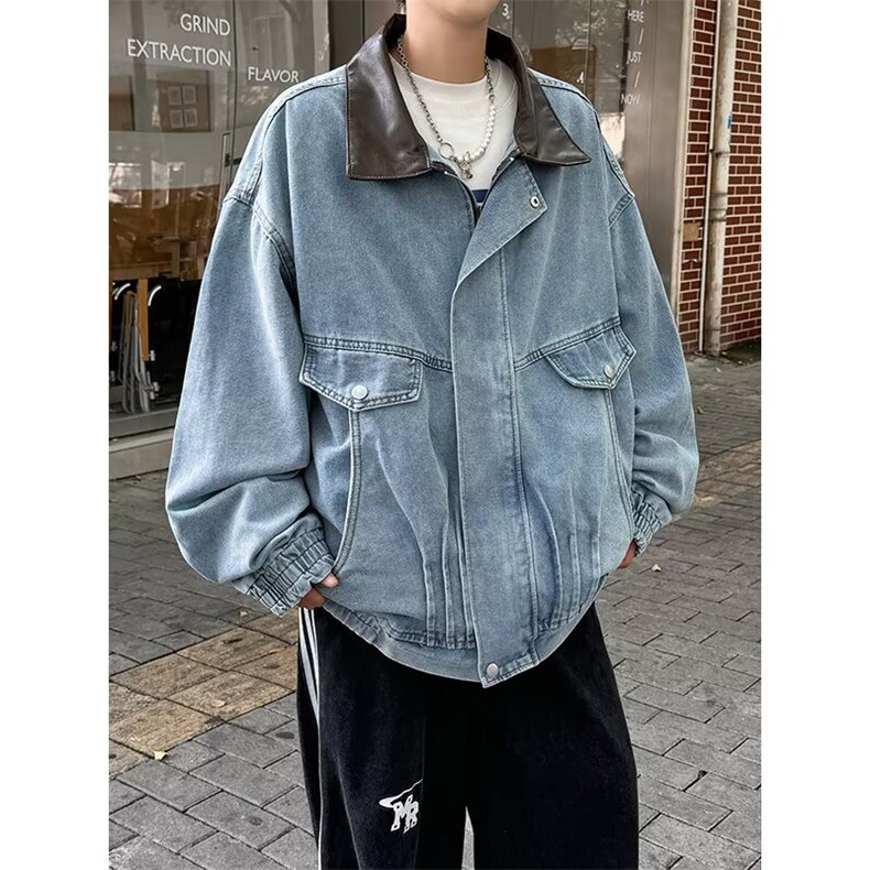 复古水洗牛仔夹克男撞色翻领春季痞帅设计感短款休闲外套2575P75，男装工装外套，星座410-2