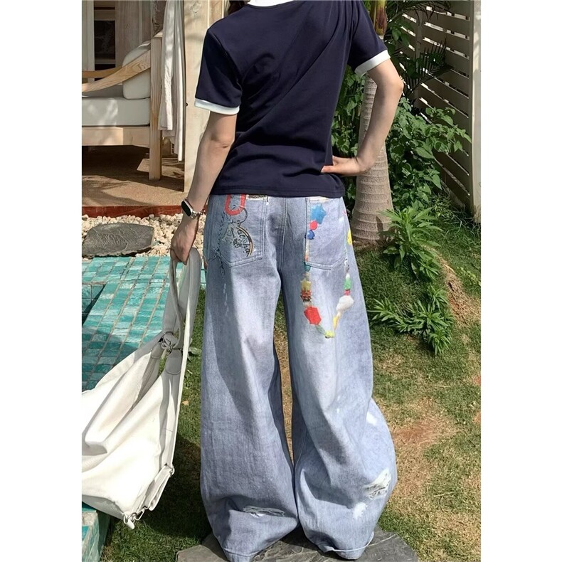 蝴蝶花朵高腰直筒牛仔裤女夏季新款时尚宽松窄版休闲拖地阔腿长裤,男装牛仔裤,星座1210-1